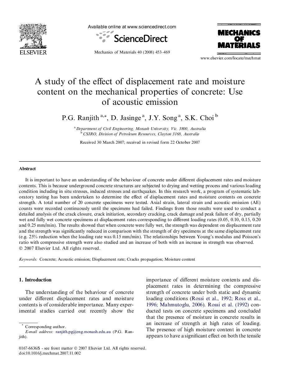 A study of the effect of displacement rate and moisture content on the mechanical properties of concrete: Use of acoustic emission