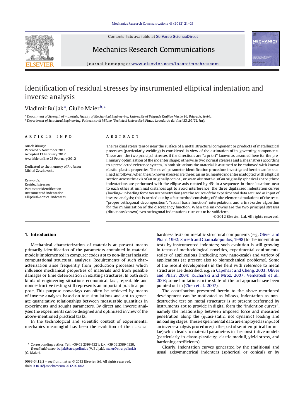 Identification of residual stresses by instrumented elliptical indentation and inverse analysis