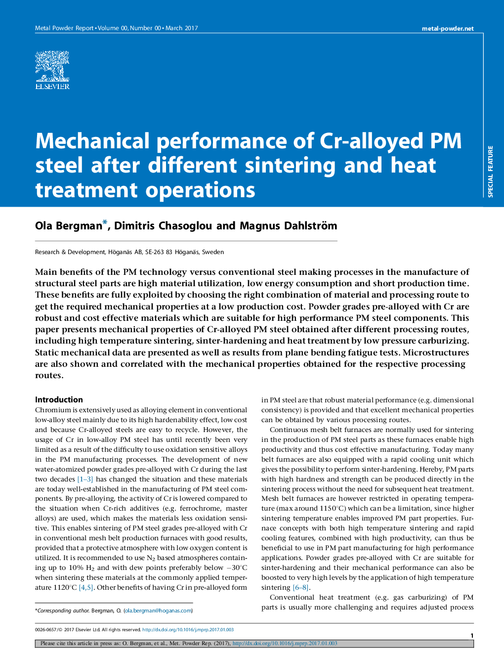 Mechanical performance of Cr-alloyed PM steel after different sintering and heat treatment operations