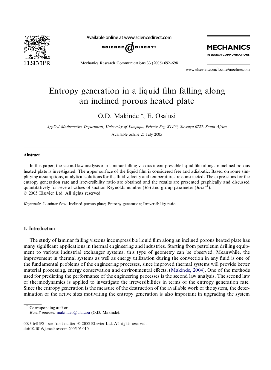 Entropy generation in a liquid film falling along an inclined porous heated plate