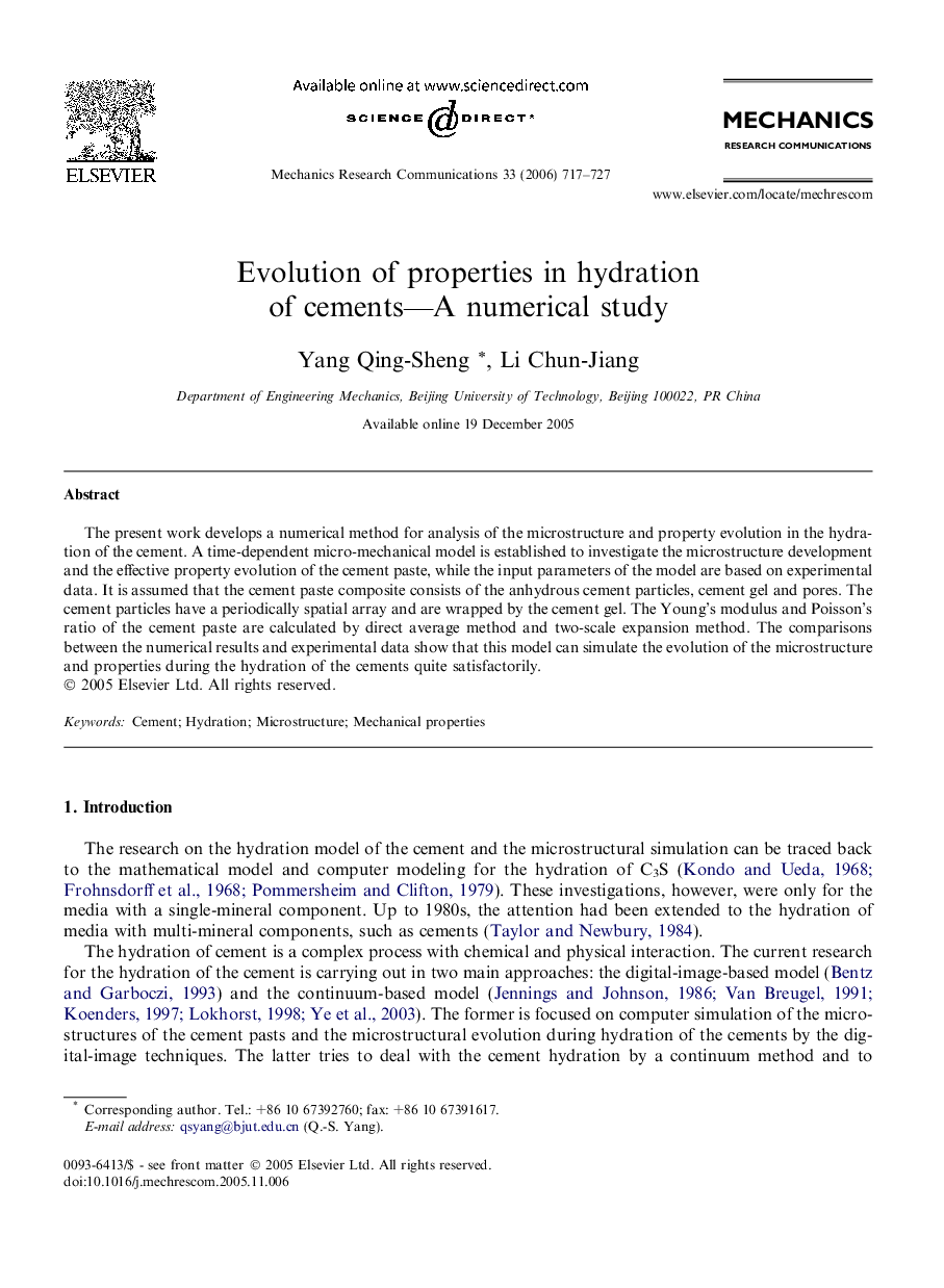 Evolution of properties in hydration of cements—A numerical study