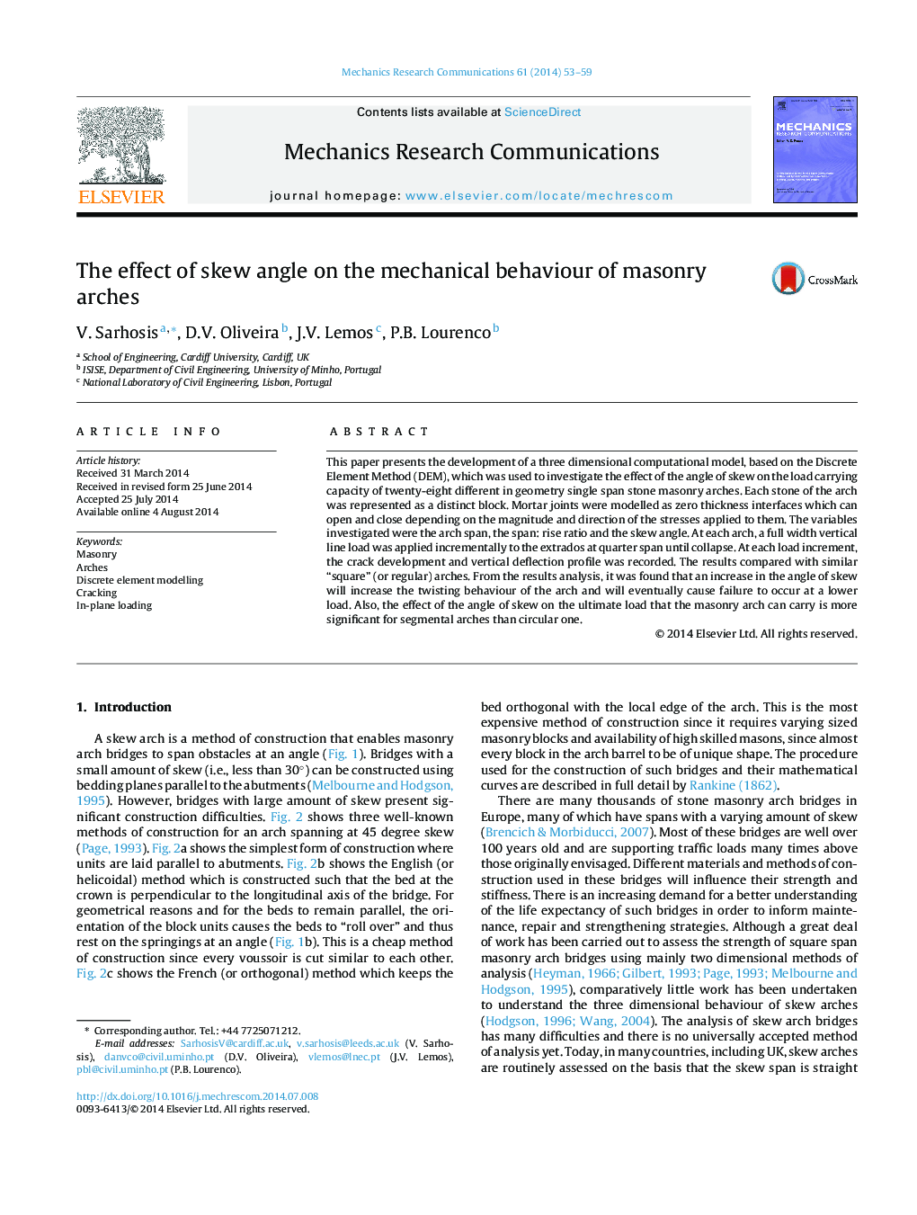 The effect of skew angle on the mechanical behaviour of masonry arches