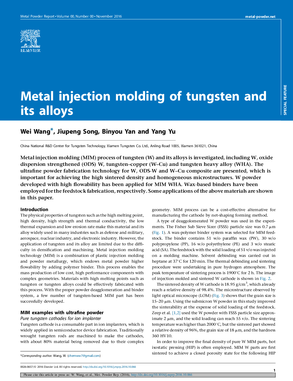 Metal injection molding of tungsten and its alloys