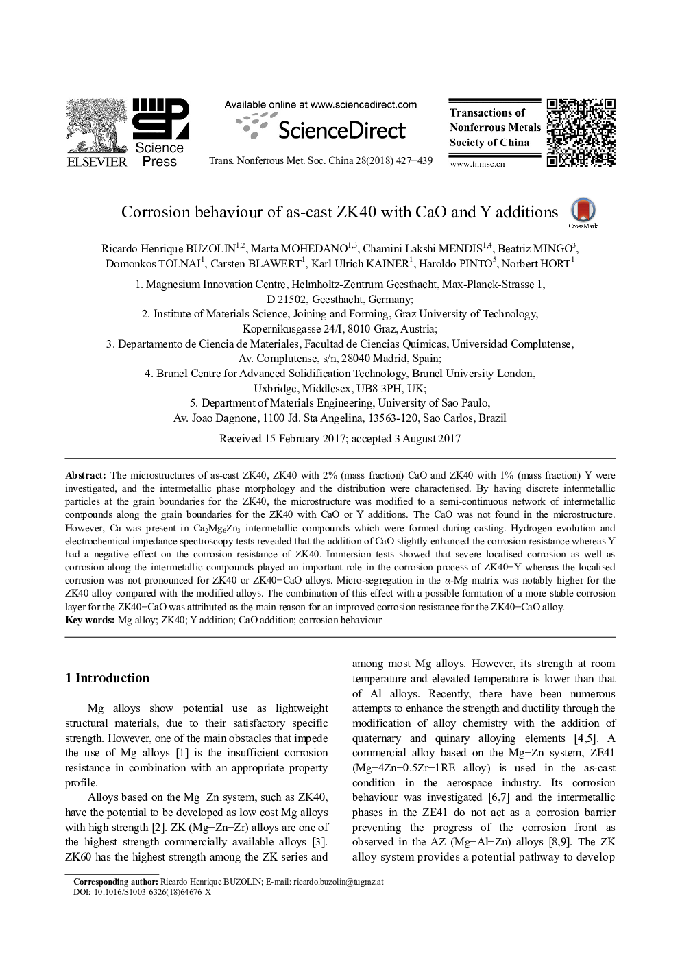 Corrosion behaviour of as-cast ZK40 with CaO and Y additions