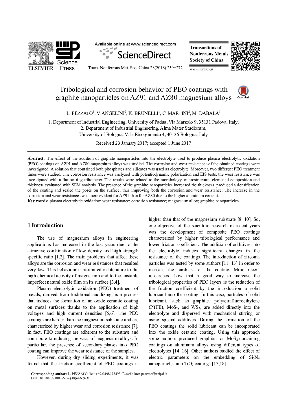 Tribological and corrosion behavior of PEO coatings with graphite nanoparticles on AZ91 and AZ80 magnesium alloys