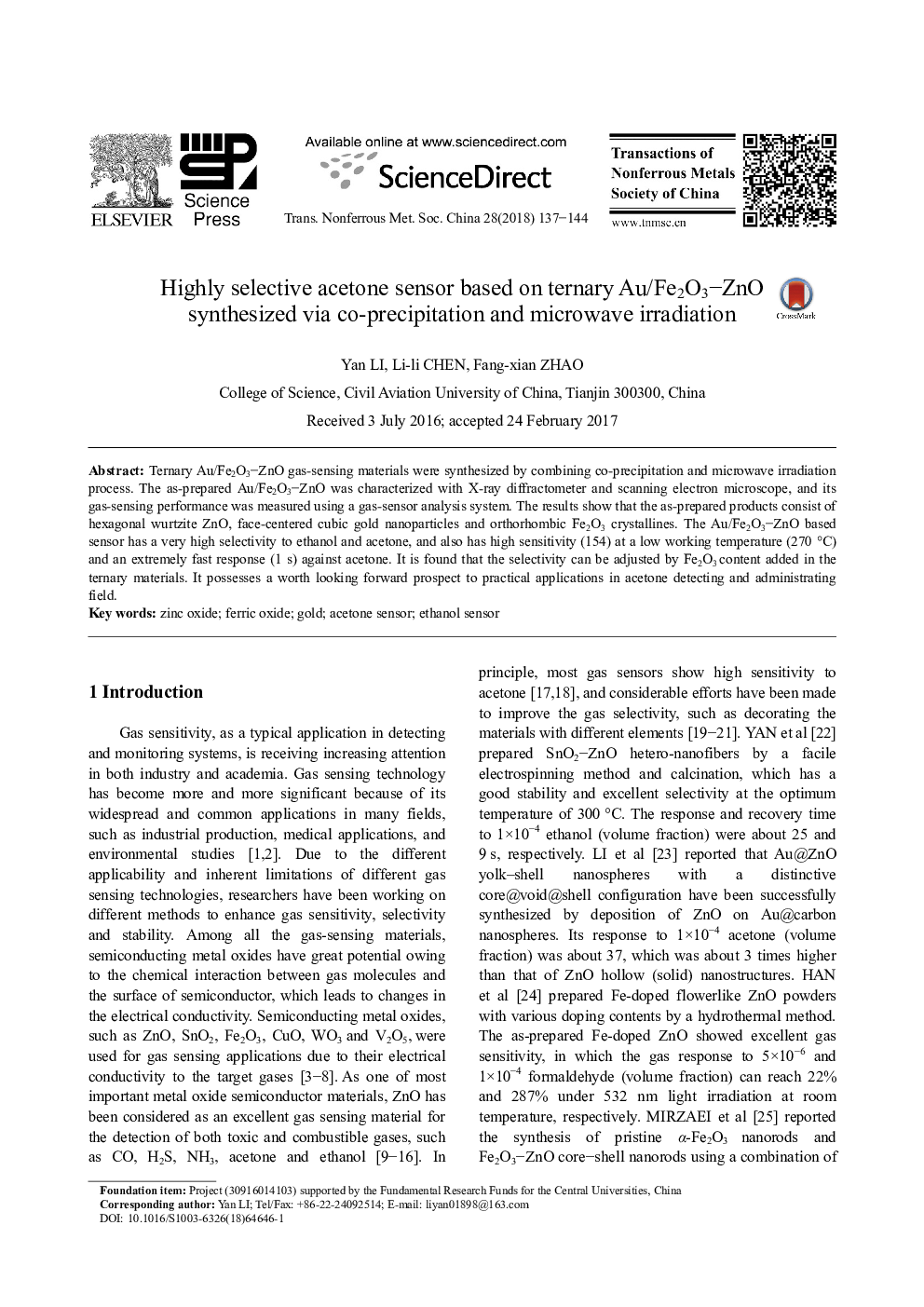 Highly selective acetone sensor based on ternary Au/Fe2O3-ZnO synthesized via co-precipitation and microwave irradiation