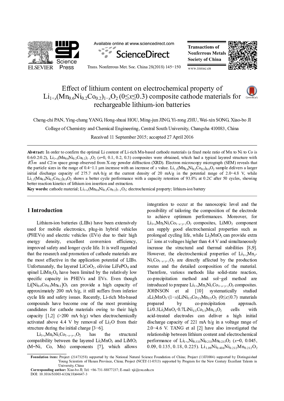 Effect of lithium content on electrochemical property of Li1+x(Mn0.6Ni0.2Co0.2)1-xO2 (0â¤xâ¤0.3) composite cathode materials for rechargeable lithium-ion batteries