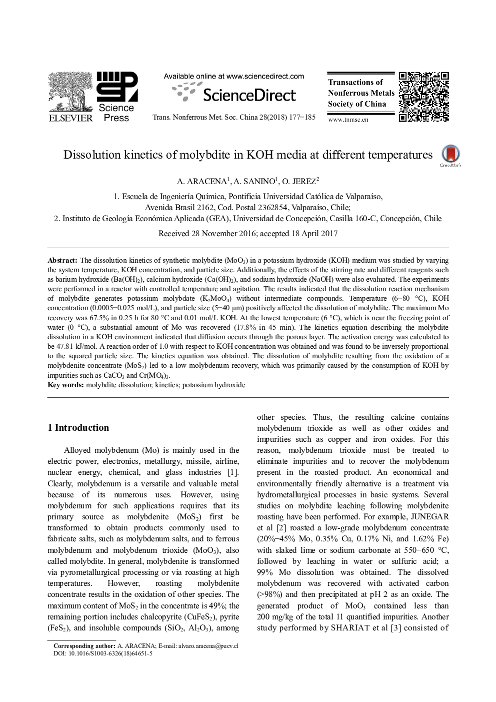 Dissolution kinetics of molybdite in KOH media at different temperatures