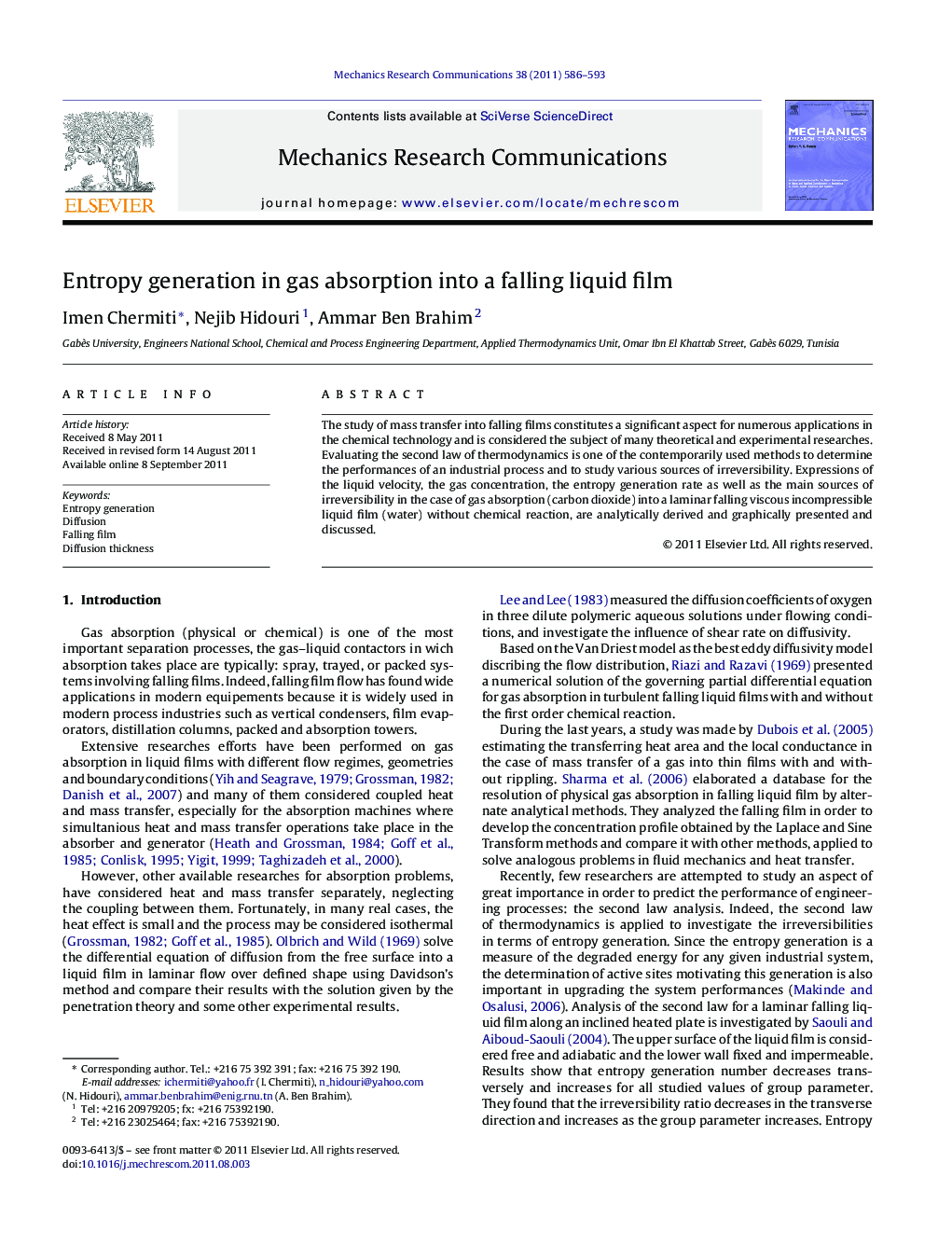 Entropy generation in gas absorption into a falling liquid film