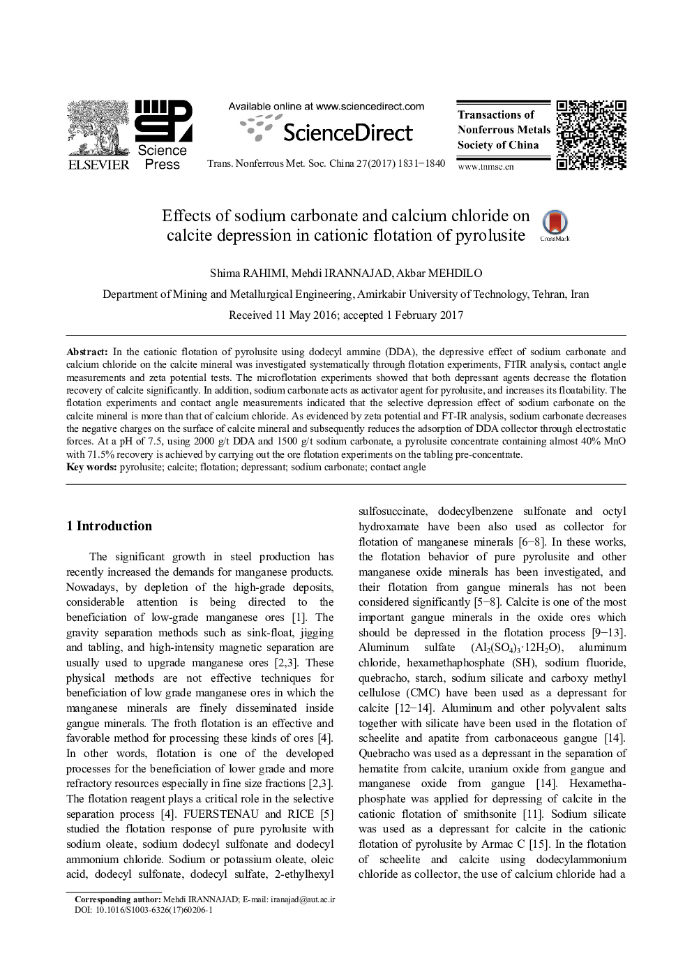 Effects of sodium carbonate and calcium chloride on calcite depression in cationic flotation of pyrolusite