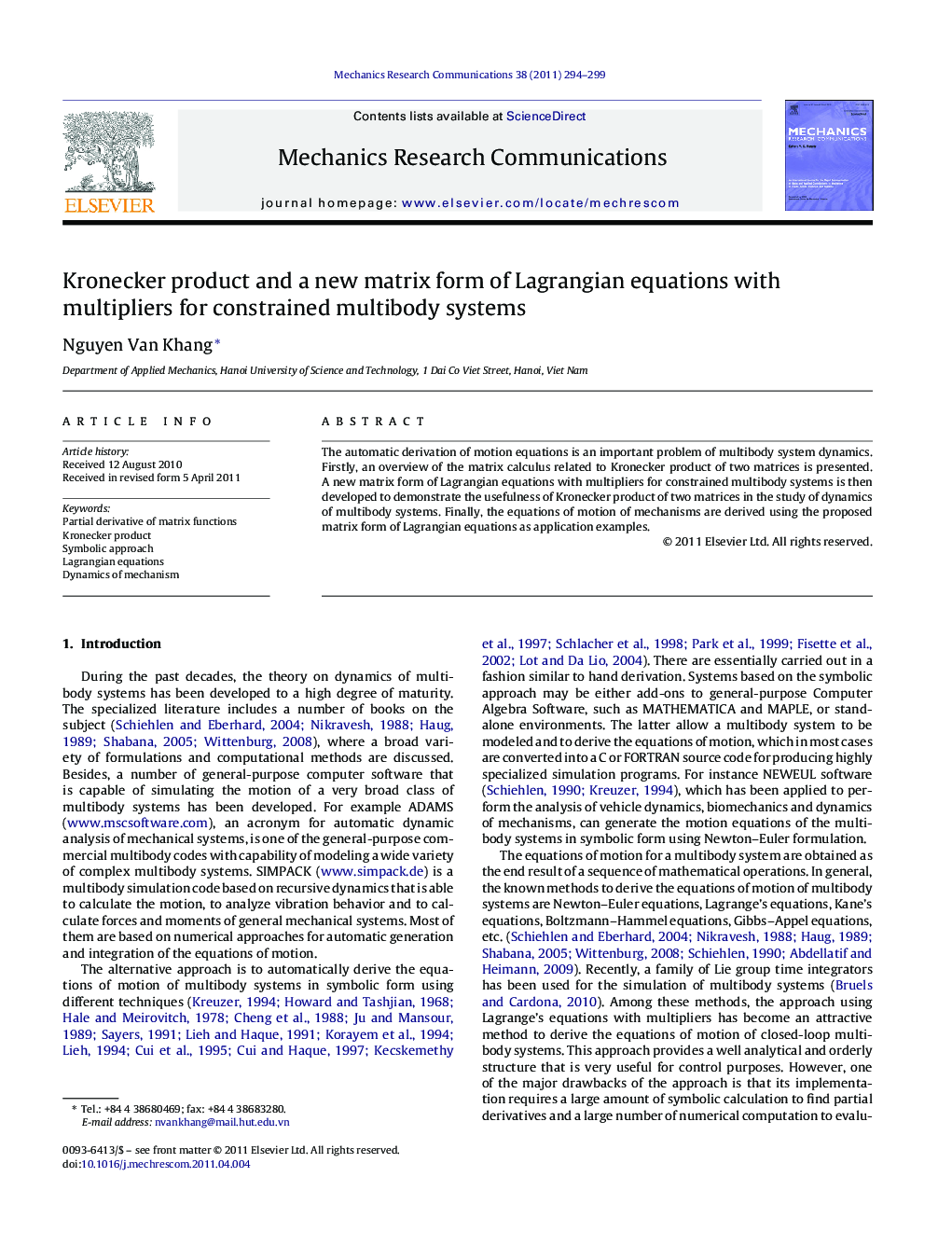 Kronecker product and a new matrix form of Lagrangian equations with multipliers for constrained multibody systems