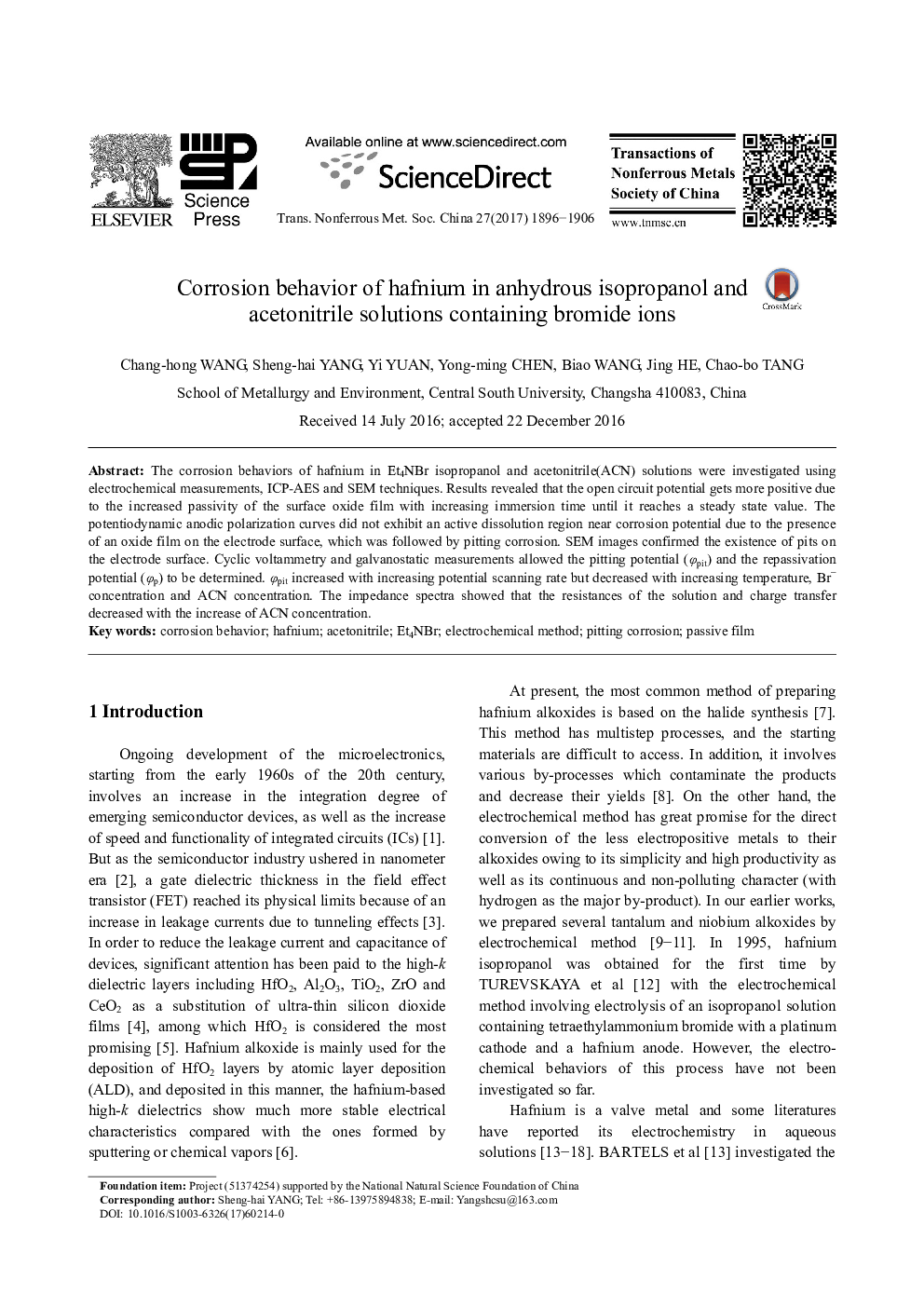 Corrosion behavior of hafnium in anhydrous isopropanol and acetonitrile solutions containing bromide ions