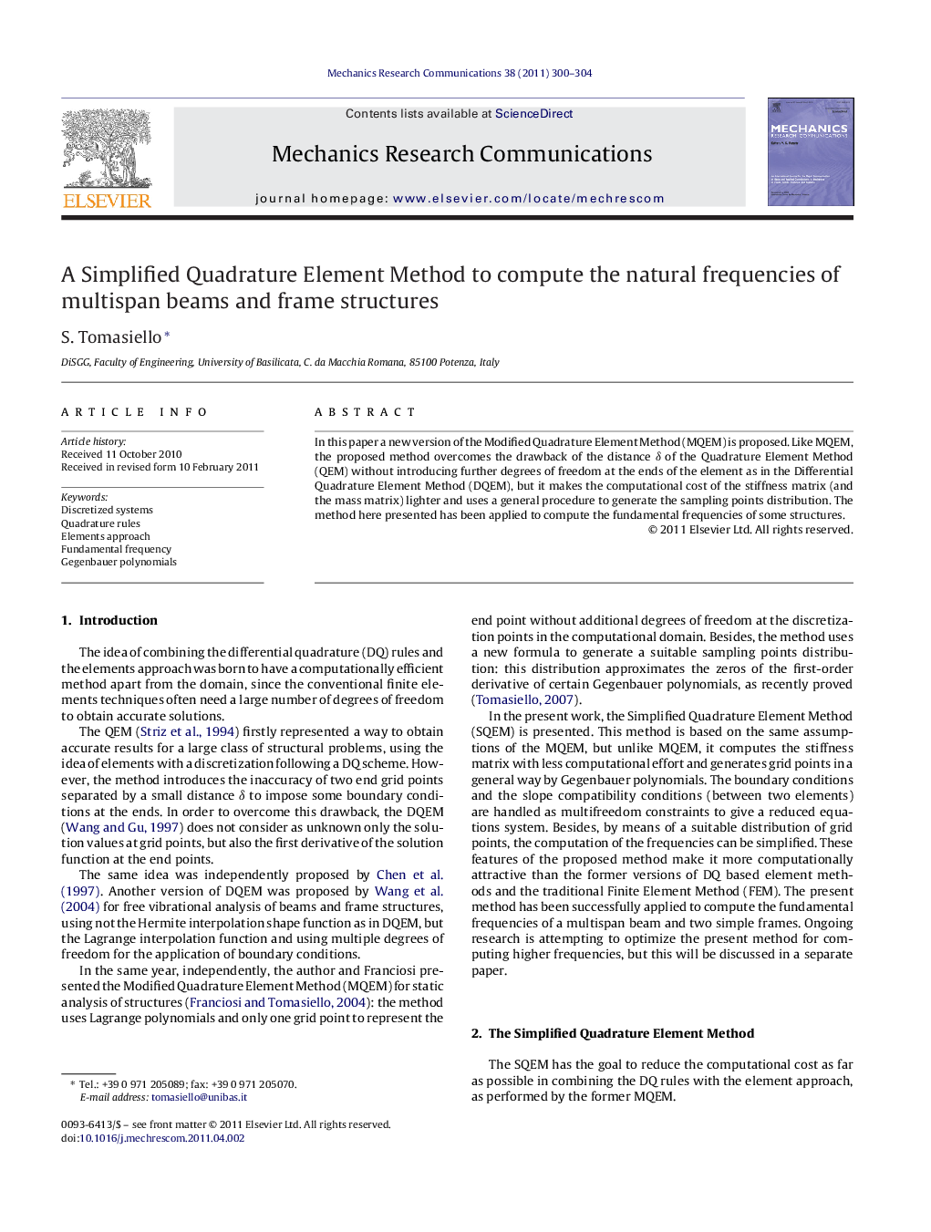 A Simplified Quadrature Element Method to compute the natural frequencies of multispan beams and frame structures