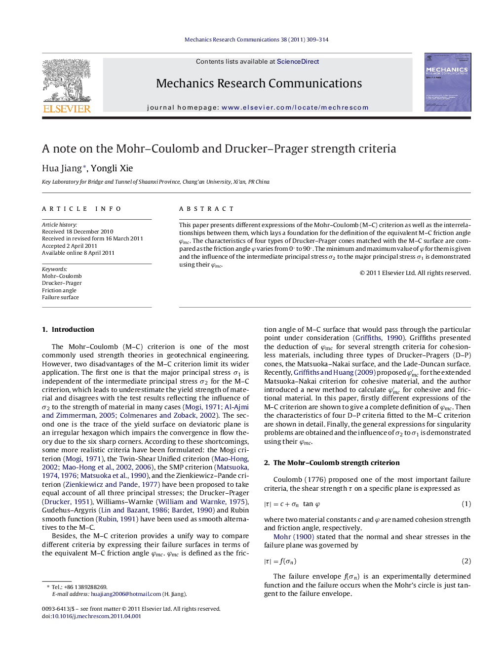 A note on the Mohr–Coulomb and Drucker–Prager strength criteria