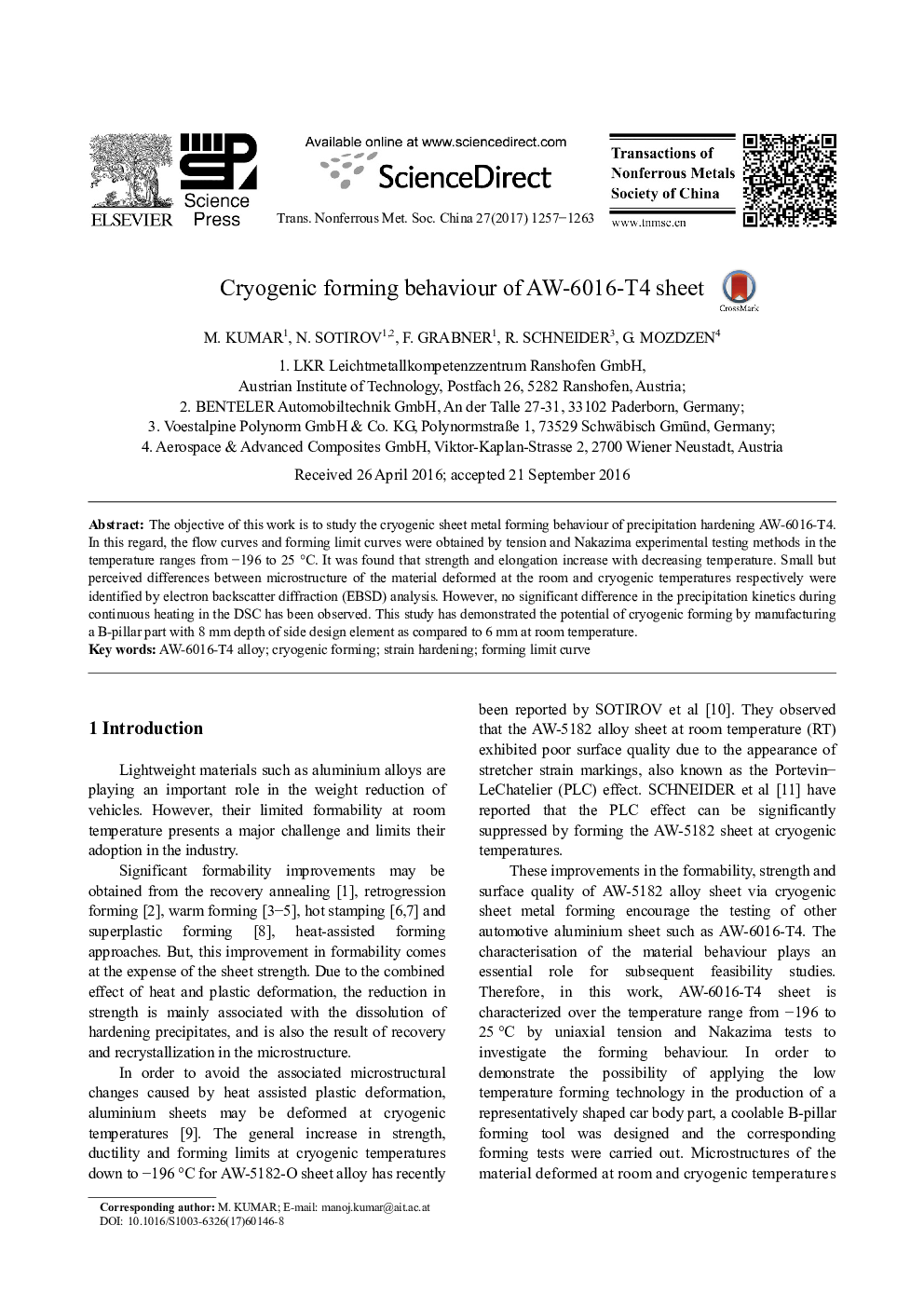 Cryogenic forming behaviour of AW-6016-T4 sheet