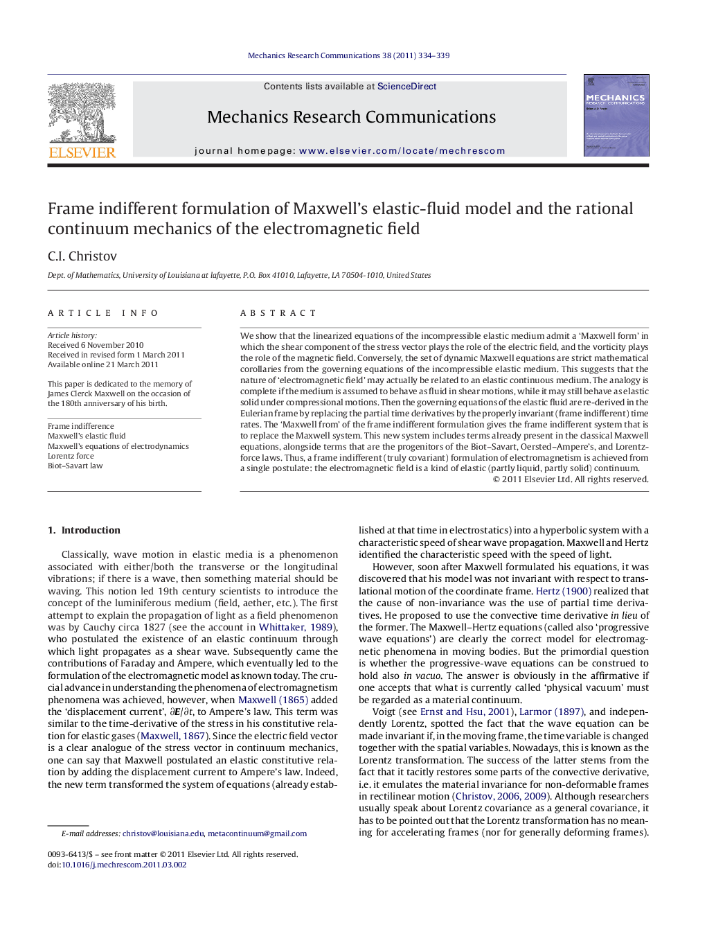 Frame indifferent formulation of Maxwell’s elastic-fluid model and the rational continuum mechanics of the electromagnetic field