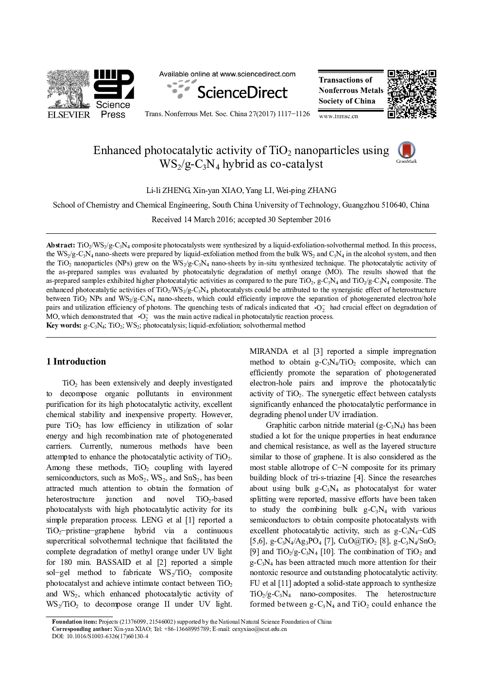 عکس صفحه اول مقاله: Enhanced photocatalytic activity of TiO2 nanoparticles using WS2/g-C3N4 hybrid as co-catalyst Enhanced photocatalytic activity of TiO2 nanoparticles using WS2/g-C3N4 hybrid as co-catalyst