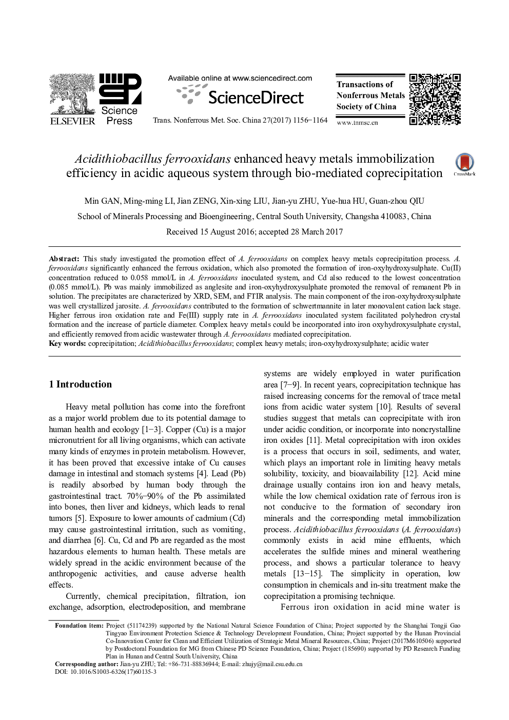 Acidithiobacillus ferrooxidans enhanced heavy metals immobilization efficiency in acidic aqueous system through bio-mediated coprecipitation