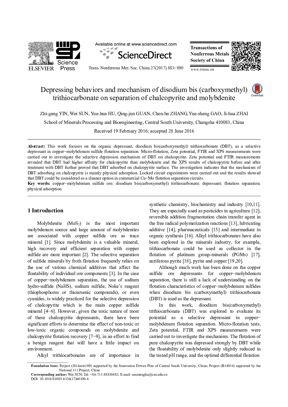 Depressing behaviors and mechanism of disodium bis (carboxymethyl) trithiocarbonate on separation of chalcopyrite and molybdenite