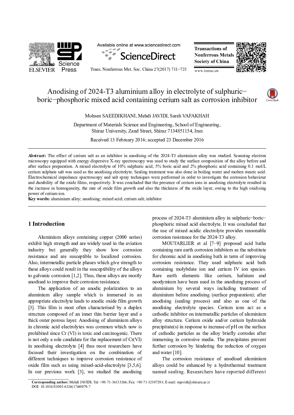 Anodising of 2024-T3 aluminium alloy in electrolyte of sulphuric- boric-phosphoric mixed acid containing cerium salt as corrosion inhibitor