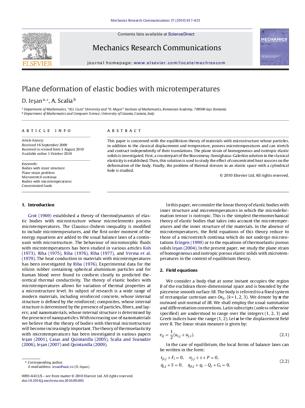 Plane deformation of elastic bodies with microtemperatures