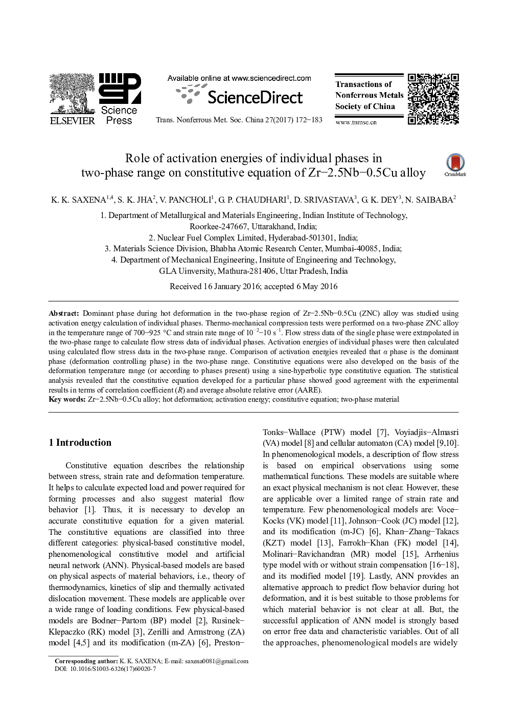 عکس صفحه اول مقاله: Role of activation energies of individual phases in two-phase range on constitutive equation of Zr-2.5Nb-0.5Cu alloy Role of activation energies of individual phases in two-phase range on constitutive equation of Zr-2.5Nb-0.5Cu alloy