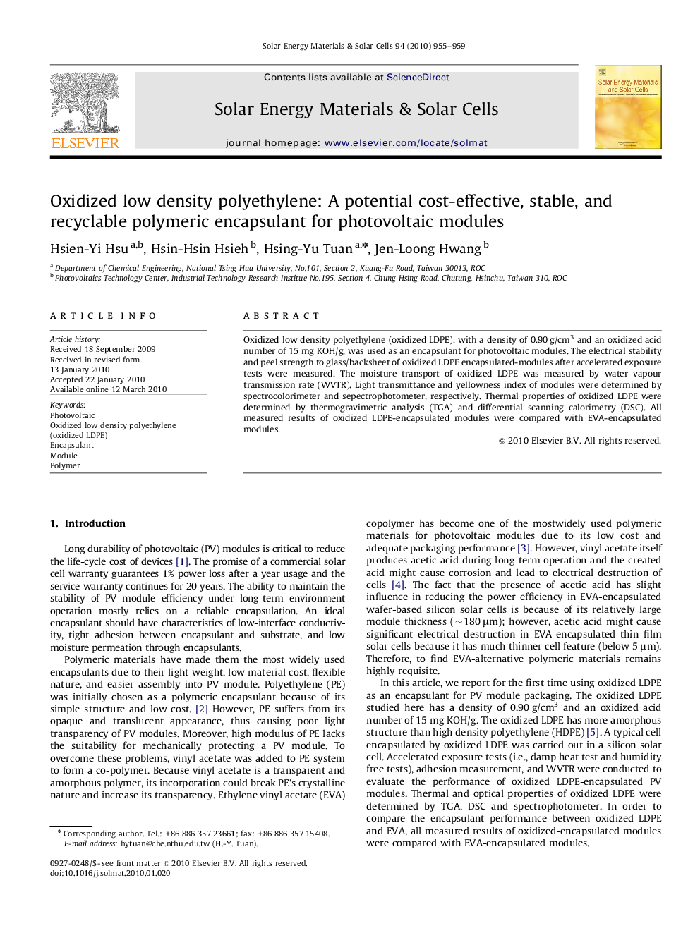 Oxidized low density polyethylene: A potential cost-effective, stable, and recyclable polymeric encapsulant for photovoltaic modules