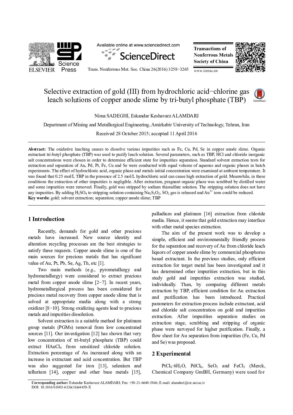 Selective extraction of gold (III) from hydrochloric acid-chlorine gas leach solutions of copper anode slime by tri-butyl phosphate (TBP)