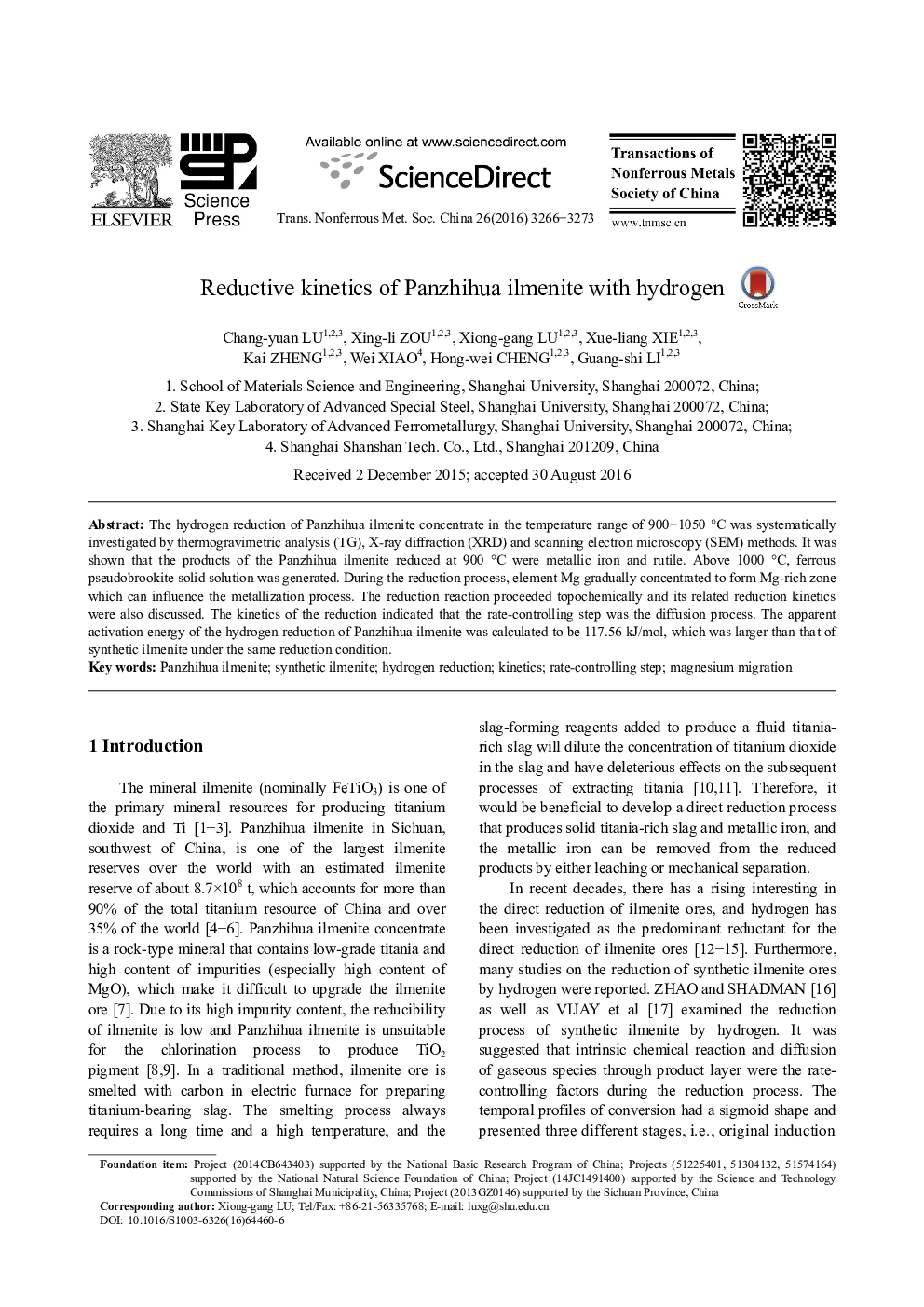 Reductive kinetics of Panzhihua ilmenite with hydrogen