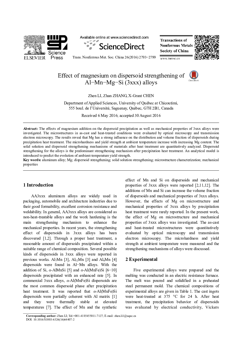 عکس صفحه اول مقاله: Effect of magnesium on dispersoid strengthening of Al-Mn-Mg-Si (3xxx) alloys Effect of magnesium on dispersoid strengthening of Al-Mn-Mg-Si (3xxx) alloys