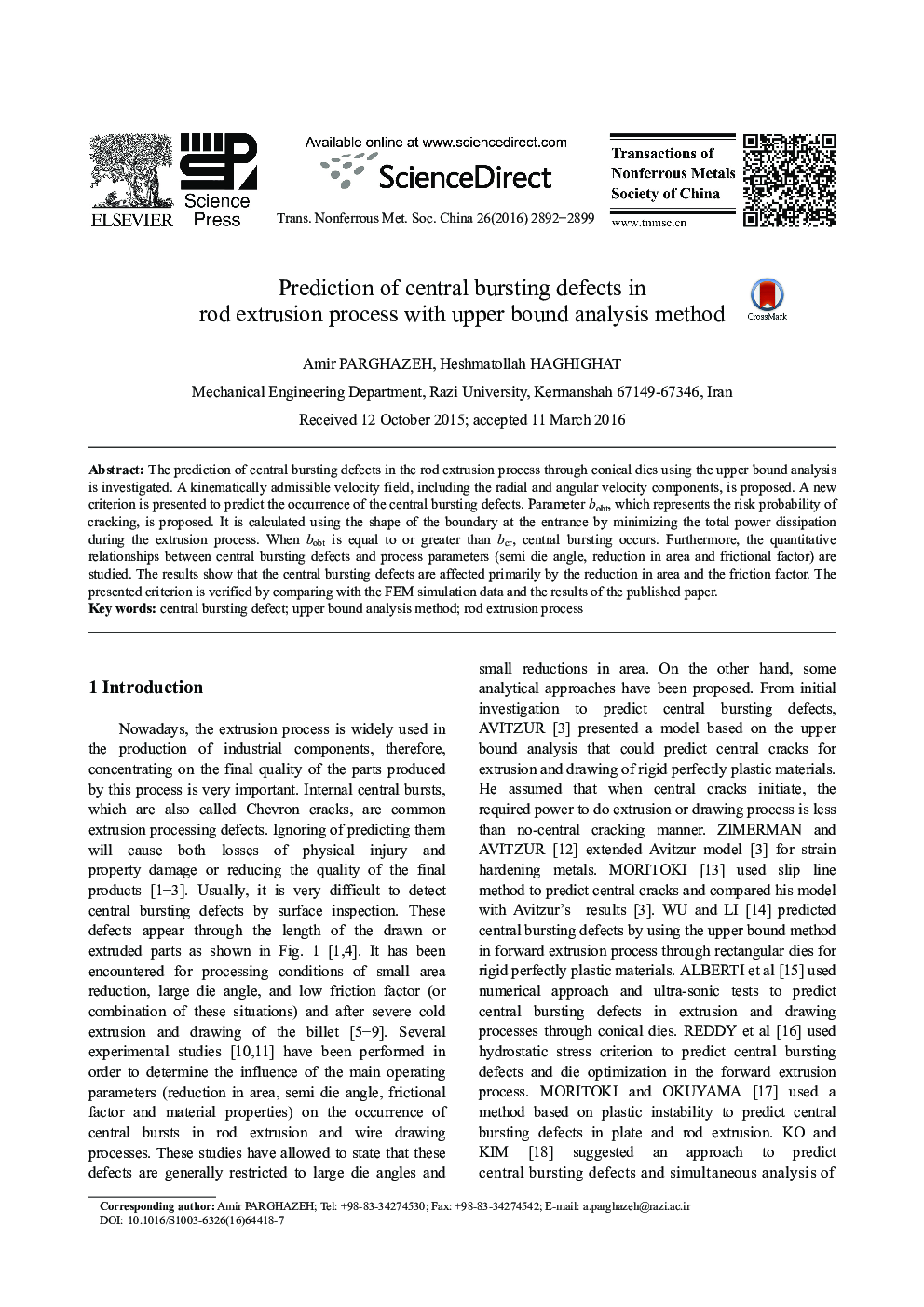 Prediction of central bursting defects in rod extrusion process with upper bound analysis method