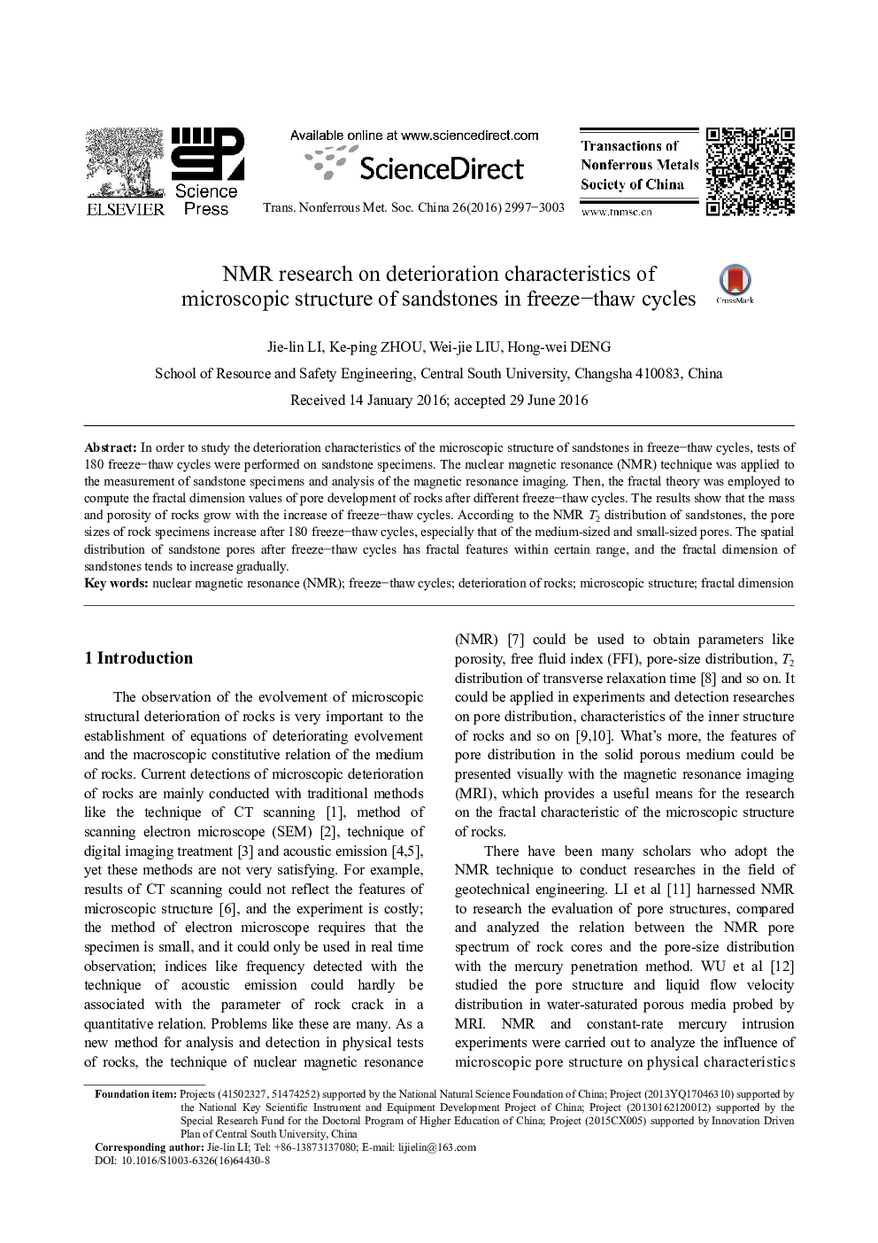 NMR research on deterioration characteristics of microscopic structure of sandstones in freeze-thaw cycles