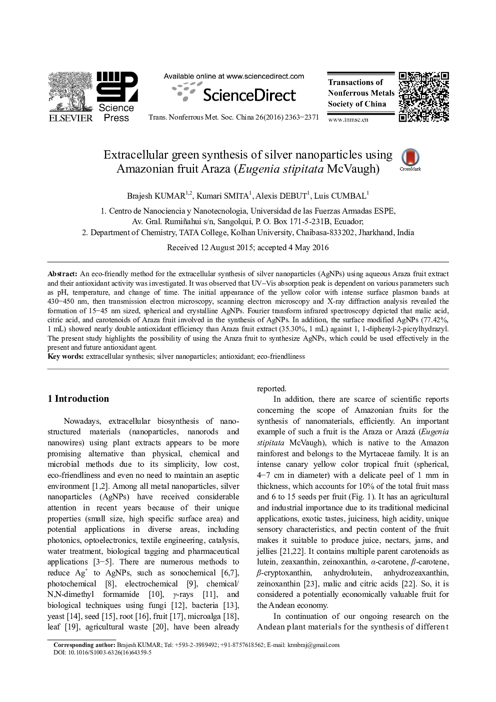 Extracellular green synthesis of silver nanoparticles using Amazonian fruit Araza (Eugenia stipitata McVaugh)