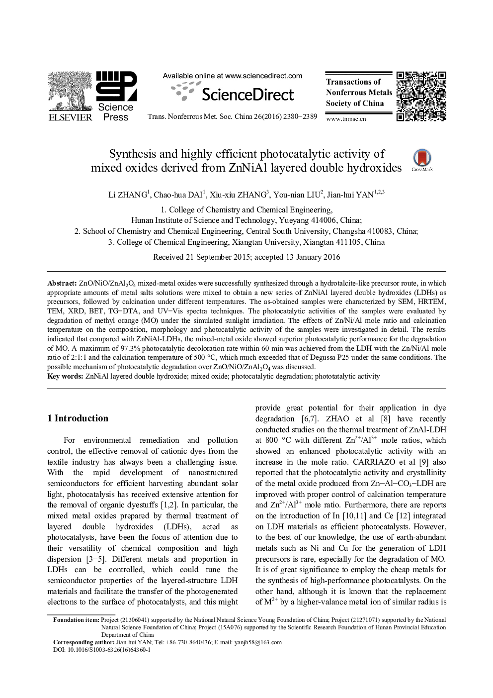 Synthesis and highly efficient photocatalytic activity of mixed oxides derived from ZnNiAl layered double hydroxides