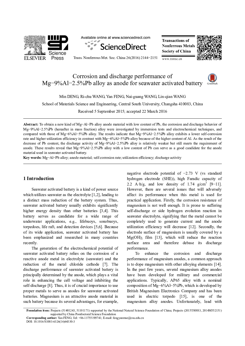 Corrosion and discharge performance of Mg-9%Al-2.5%Pb alloy as anode for seawater activated battery