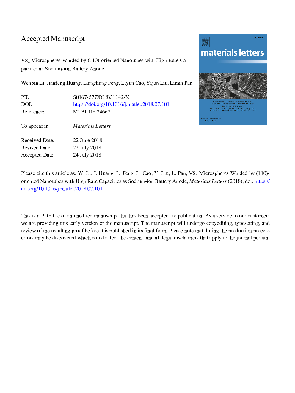 عکس صفحه اول مقاله: VS4 microspheres winded by (1â¯1â¯0)-oriented nanotubes with high rate capacities as sodium-ion battery anode VS4 microspheres winded by (1â¯1â¯0)-oriented nanotubes with high rate capacities as sodium-ion battery anode
