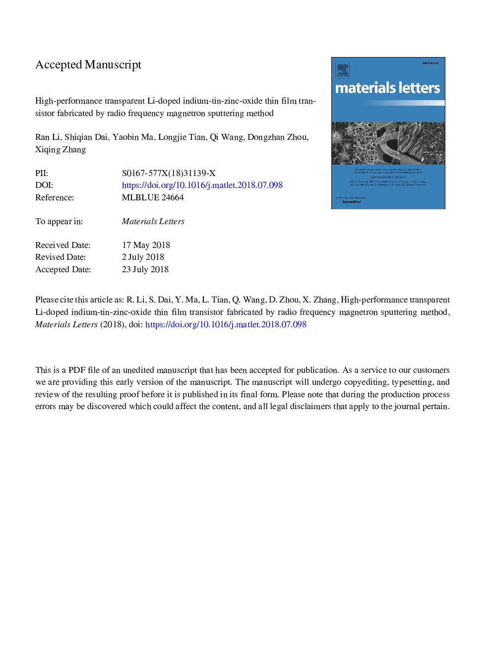 High-performance transparent Li-doped indium-tin-zinc-oxide thin film transistor fabricated by radio frequency magnetron sputtering method