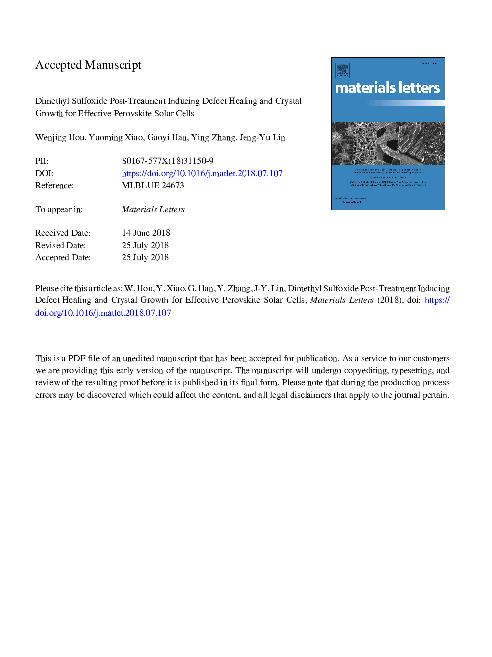 Dimethyl sulfoxide post-treatment inducing defect healing and crystal growth for effective perovskite solar cells