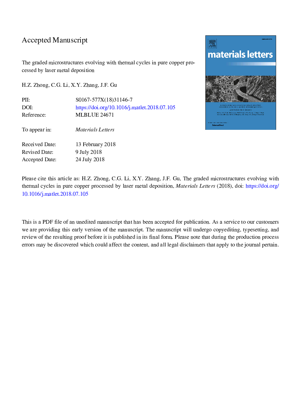 The graded microstructures evolving with thermal cycles in pure copper processed by laser metal deposition