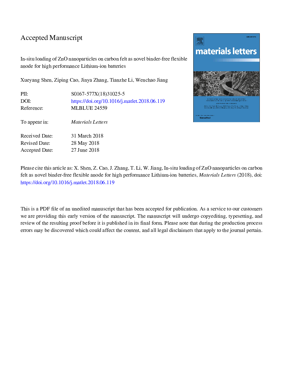 In-situ loading of ZnO nanoparticles on carbon felt as novel binder-free flexible anode for high performance lithium-ion batteries