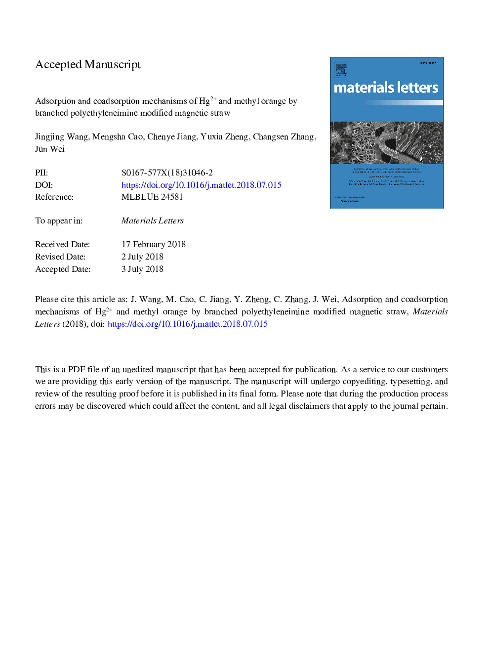 Adsorption and coadsorption mechanisms of Hg2+ and methyl orange by branched polyethyleneimine modified magnetic straw