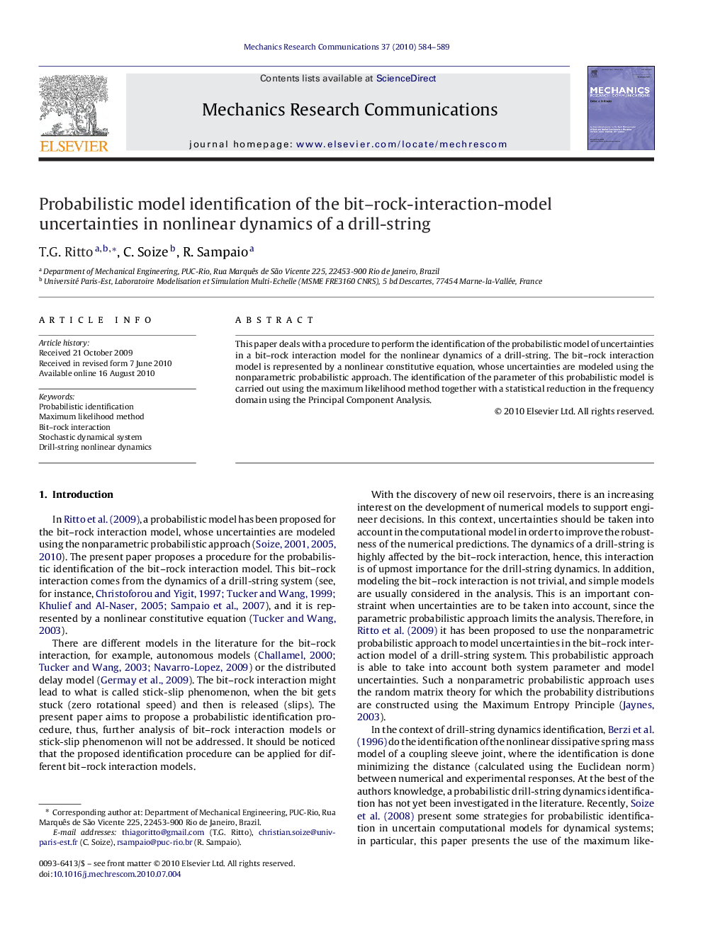 Probabilistic model identification of the bit–rock-interaction-model uncertainties in nonlinear dynamics of a drill-string