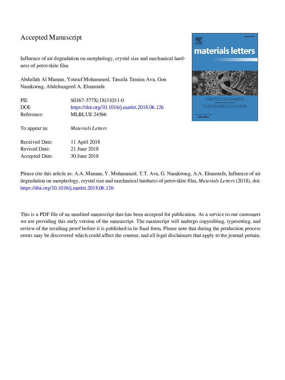 Influence of air degradation on morphology, crystal size and mechanical hardness of perovskite film