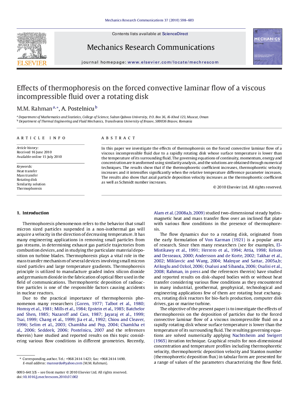 Effects of thermophoresis on the forced convective laminar flow of a viscous incompressible fluid over a rotating disk