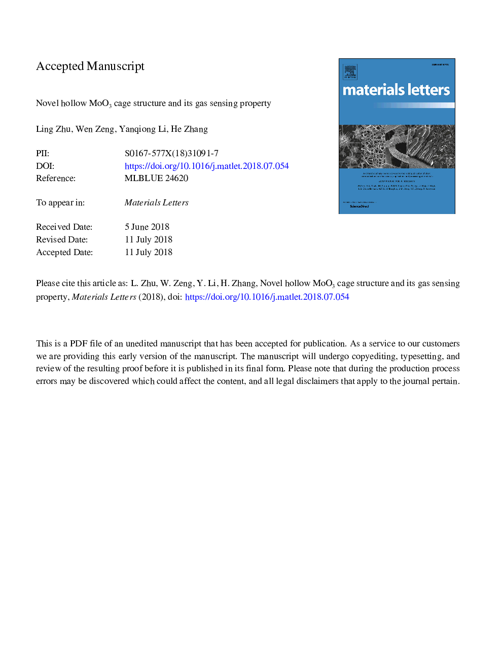 Novel hollow MoO3 cage structure and its gas sensing property