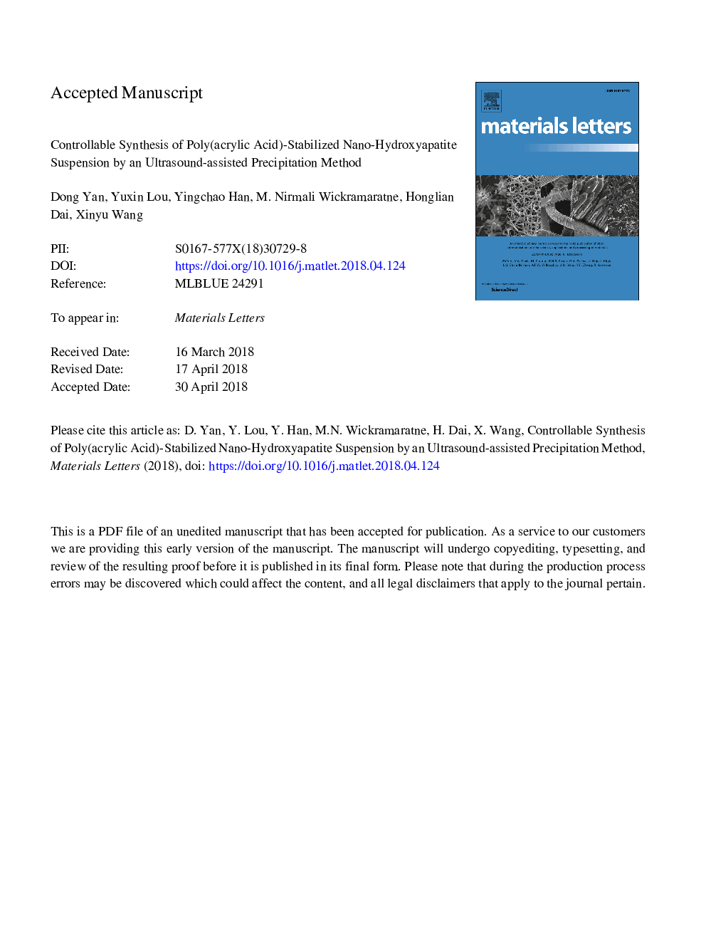 سنتز کنترل شده از تعلیق نانو هیدروکسی آپاتیت پاک شده پلی (آکریلیک اسید) با استفاده از روش بارش فراوانی با استفاده از سونوگرافی 