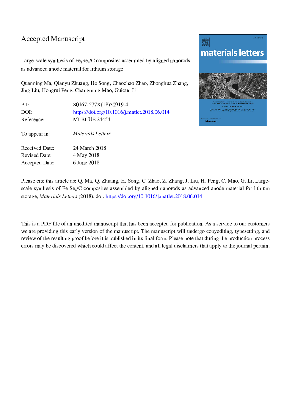 Large-scale synthesis of Fe3Se4/C composites assembled by aligned nanorods as advanced anode material for lithium storage