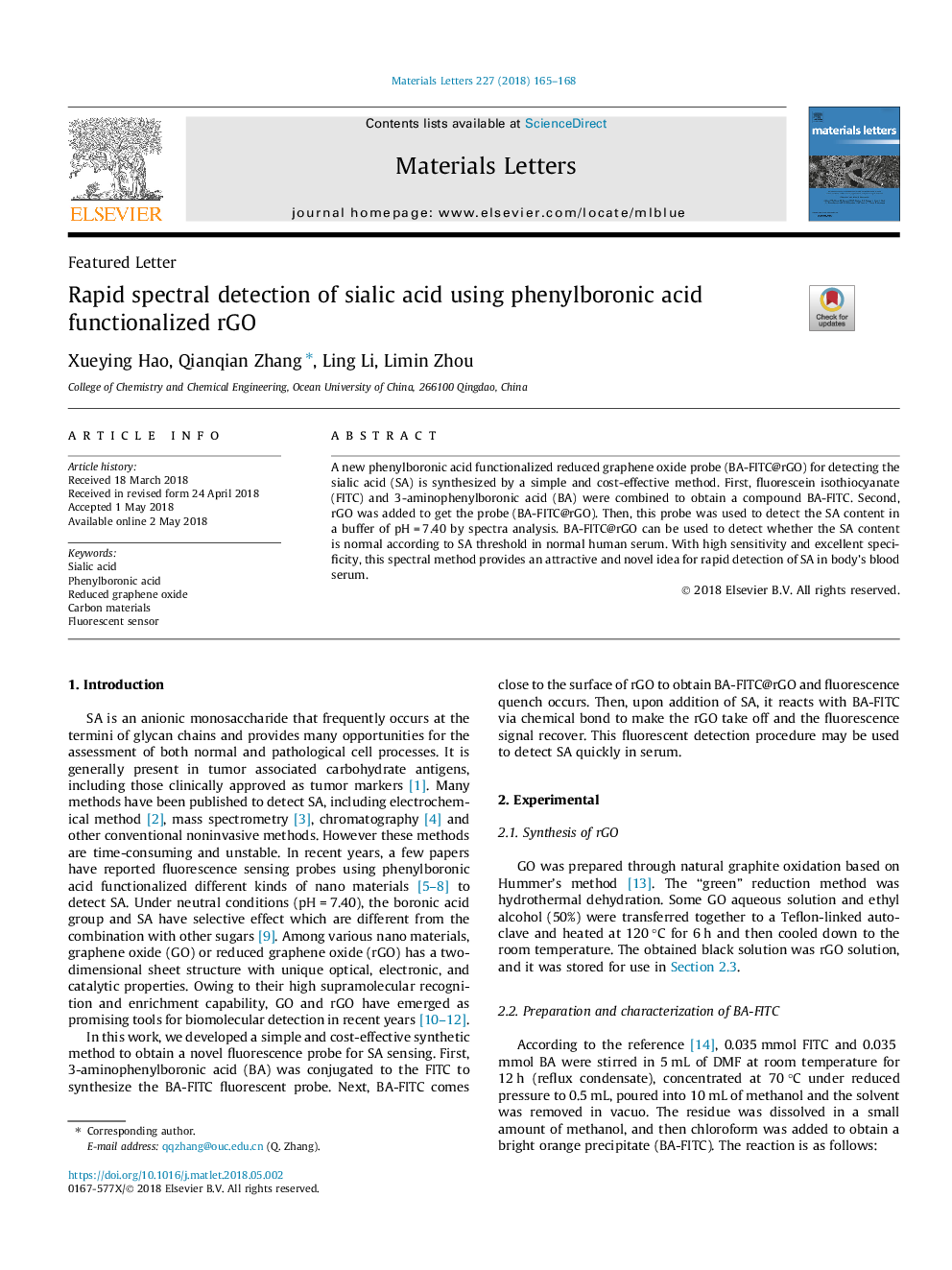 Rapid spectral detection of sialic acid using phenylboronic acid functionalized rGO