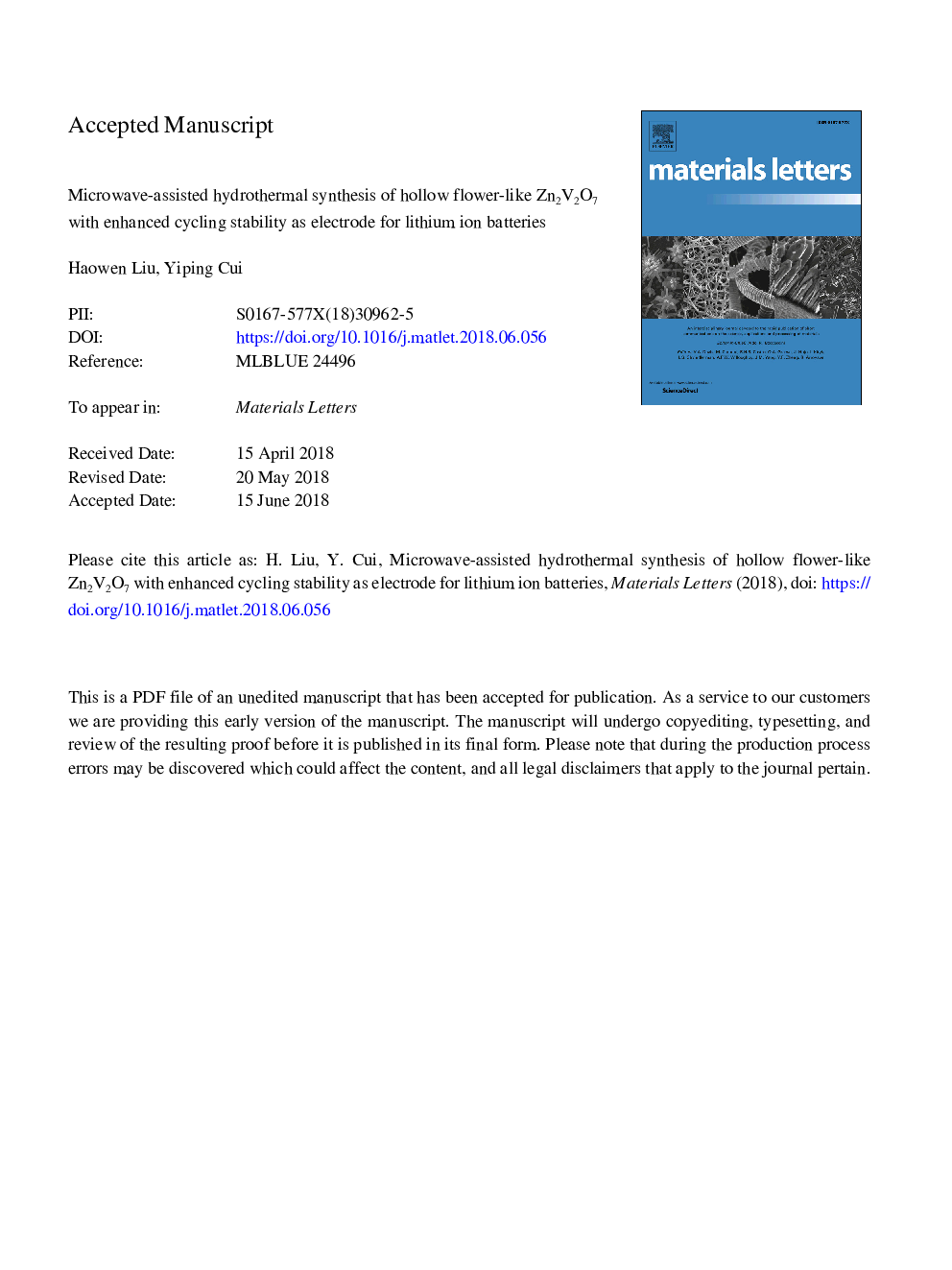 Microwave-assisted hydrothermal synthesis of hollow flower-like Zn2V2O7 with enhanced cycling stability as electrode for lithium ion batteries