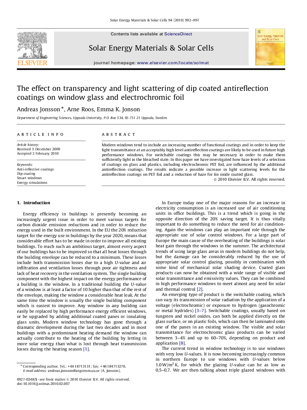 The effect on transparency and light scattering of dip coated antireflection coatings on window glass and electrochromic foil